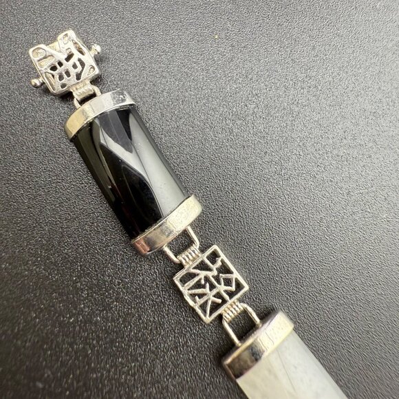 Multi-Stone 18K Gold Plated Bracelet With Chinese Symbols & Polished Natural Gem - Picture 5 of 12